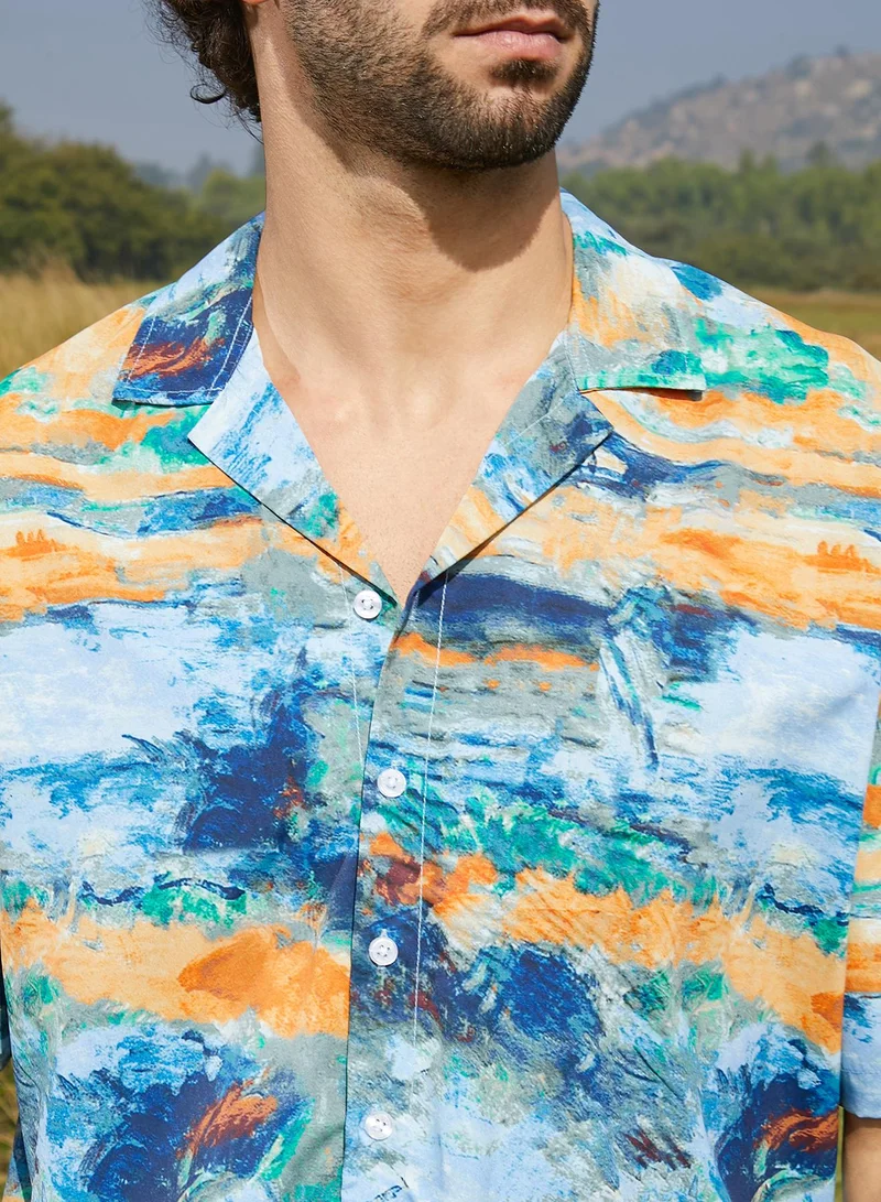 Campus Sutra Men's Sky Blue & Pumkin Orange Indie-Block Oversized Shirt