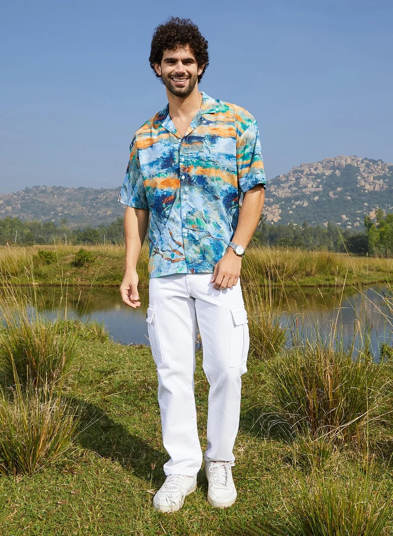 Campus Sutra Men's Sky Blue & Pumkin Orange Indie-Block Oversized Shirt