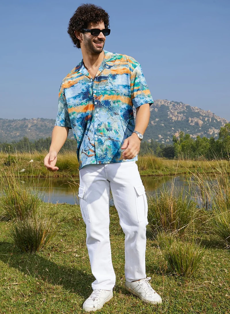 Campus Sutra Men's Sky Blue & Pumkin Orange Indie-Block Oversized Shirt