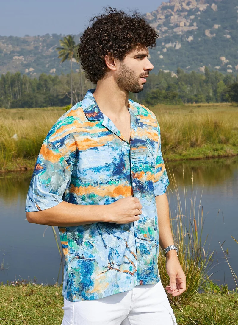 Campus Sutra Men's Sky Blue & Pumkin Orange Indie-Block Oversized Shirt