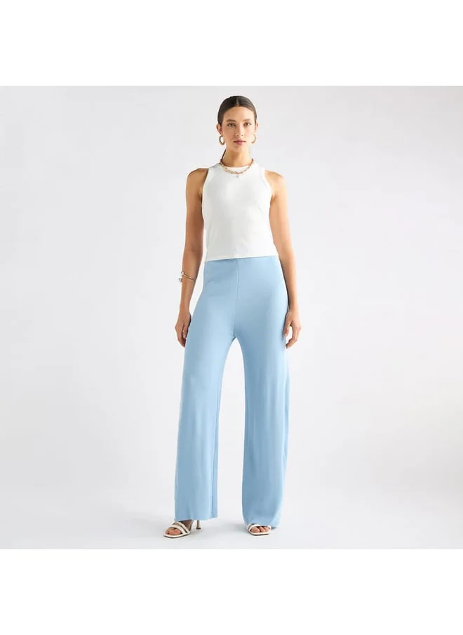 FAV Solid Wide Leg Pants with Ribbed Waistband