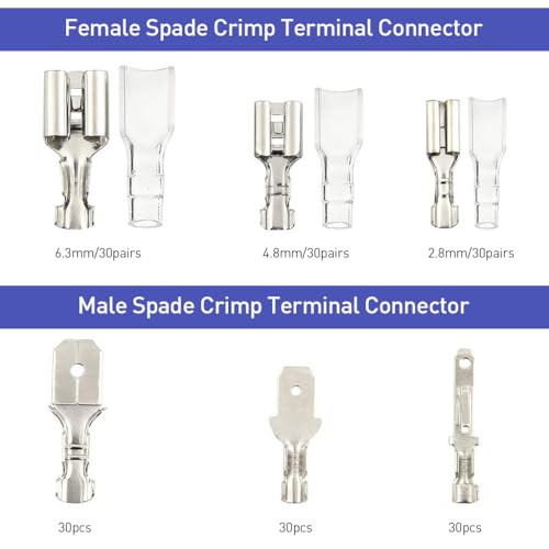 Serplex® 270Pcs Terminal Connectors Kit Assorted Sized Electrical Wire Connectors 2.8mm/4.8mm/6.3mm Paired Male & Female Spade Spade Connectors Wire Crimp Terminal Blocks with Insulating Sleeves - Image 2