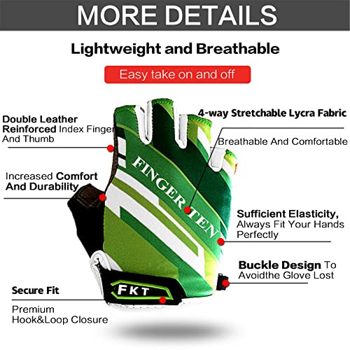 FINGER TEN Kids Cycling Gloves Padded Boy Girl Youth, Outdoor Sport Road Mountain Bike 1 Pair, Gel Padding Bicycle Half Finger Pair (Green, Small) - Image 3