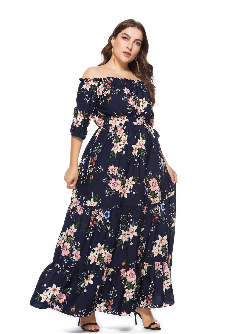 Loquat - New Line Neck Boho Plus Size Women's Dress Blue - Image 1