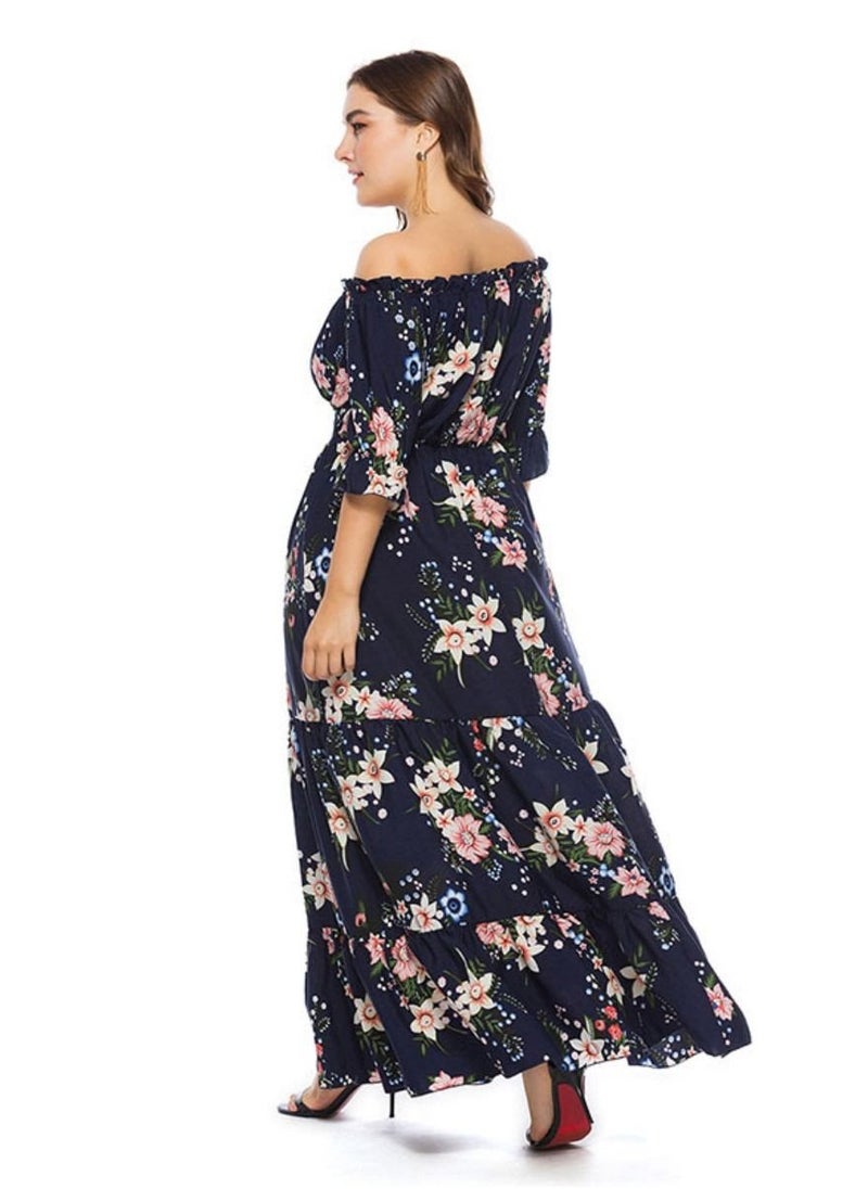 Loquat - New Line Neck Boho Plus Size Women's Dress Blue - Image 1