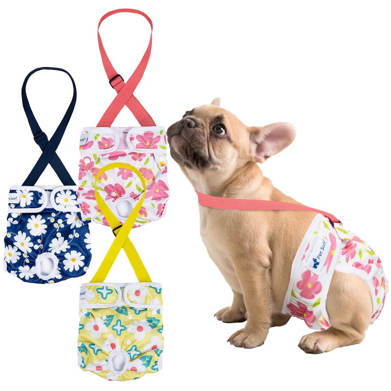 Pet Soft Dog Diapers Female with Suspenders, 3 Pack Reusable Female Dog Diapers for Heat, Dog Period Panties for Doggie in Cycle(X-Small, Flowers) - Image 1