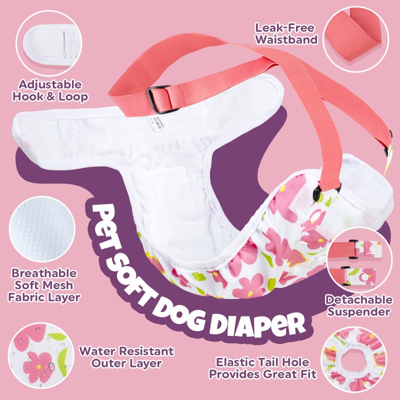 Pet Soft Dog Diapers Female with Suspenders, 3 Pack Reusable Female Dog Diapers for Heat, Dog Period Panties for Doggie in Cycle(X-Small, Flowers) - Image 2