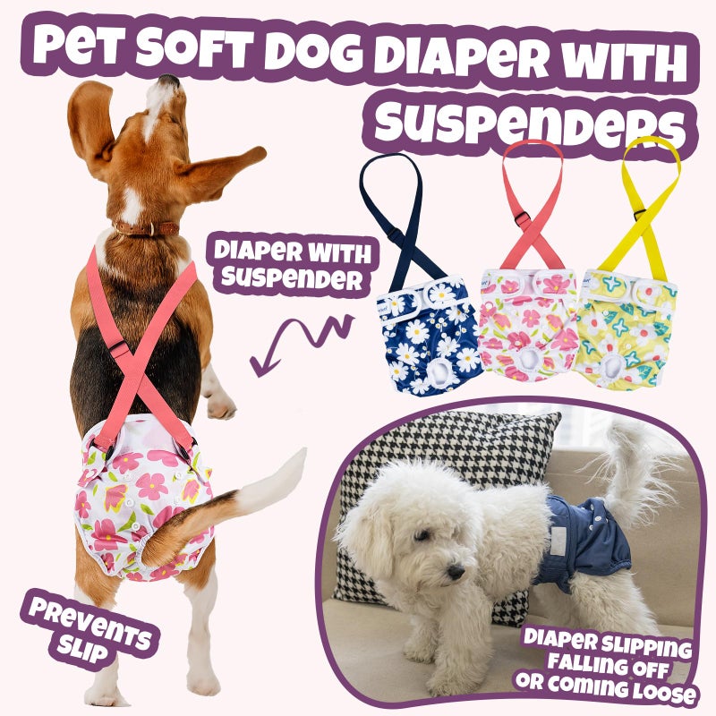 Pet Soft Dog Diapers Female with Suspenders, 3 Pack Reusable Female Dog Diapers for Heat, Dog Period Panties for Doggie in Cycle(X-Small, Flowers) - Image 3