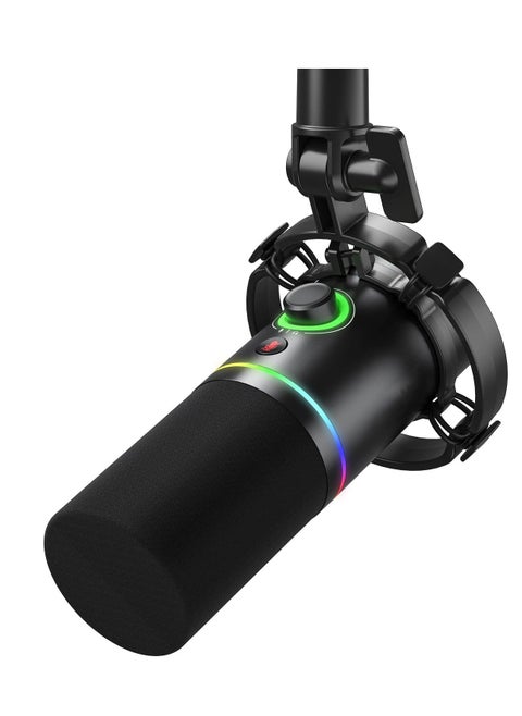 طقم ميكروفون ديناميكي XLR/USB، مجموعة ميكروفون للألعاب، ميكروفون بودكاست RGB مع برنامج للبث المباشر والألعاب والتسجيل والتعليق الصوتي، ميكروفون معدني مع كتم الصوت ومقبس سماعة رأس وما إلى ذلك (أسود)