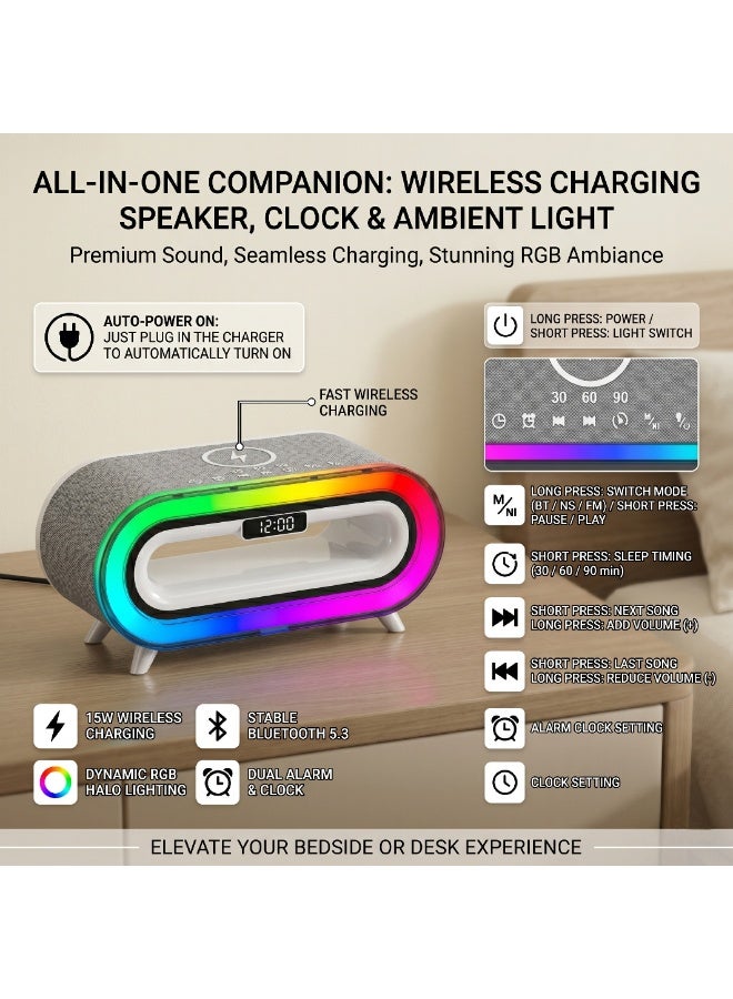Motoq S306 Wireless Charging Bluetooth Speaker Alarm Clock, 15W Fast Charger with LED Display, RGB Night Light, Dual Alarm, FM Radio, Sleep Timer, Grey Fabric - Image 3