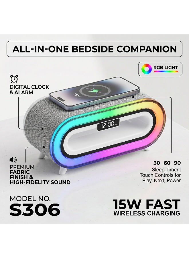 Motoq S306 Wireless Charging Bluetooth Speaker Alarm Clock, 15W Fast Charger with LED Display, RGB Night Light, Dual Alarm, FM Radio, Sleep Timer, Grey Fabric - Image 2