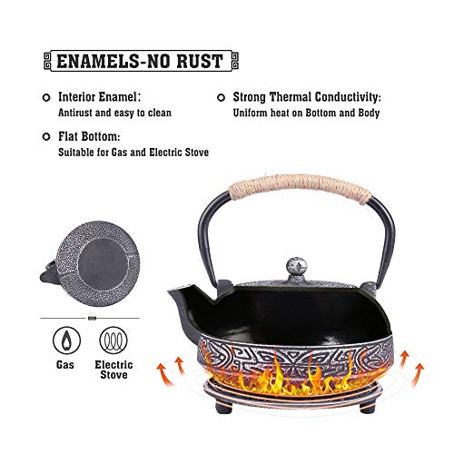COOGOU Cast Iron Teapot Set Japanese Style Tea Kettle with Infuser, Enameled Interior Cast Iron Tea Pot with 4 Teacup for Stove Top, Handmade Gift for Friend (28 Ounce, Black) - Image 3