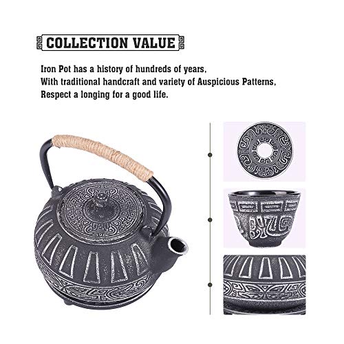 COOGOU Cast Iron Teapot Set Japanese Style Tea Kettle with Infuser, Enameled Interior Cast Iron Tea Pot with 4 Teacup for Stove Top, Handmade Gift for Friend (28 Ounce, Black) - Image 4