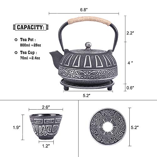 COOGOU Cast Iron Teapot Set Japanese Style Tea Kettle with Infuser, Enameled Interior Cast Iron Tea Pot with 4 Teacup for Stove Top, Handmade Gift for Friend (28 Ounce, Black) - Image 2