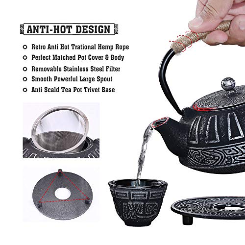 COOGOU Cast Iron Teapot Set Japanese Style Tea Kettle with Infuser, Enameled Interior Cast Iron Tea Pot with 4 Teacup for Stove Top, Handmade Gift for Friend (28 Ounce, Black) - Image 5