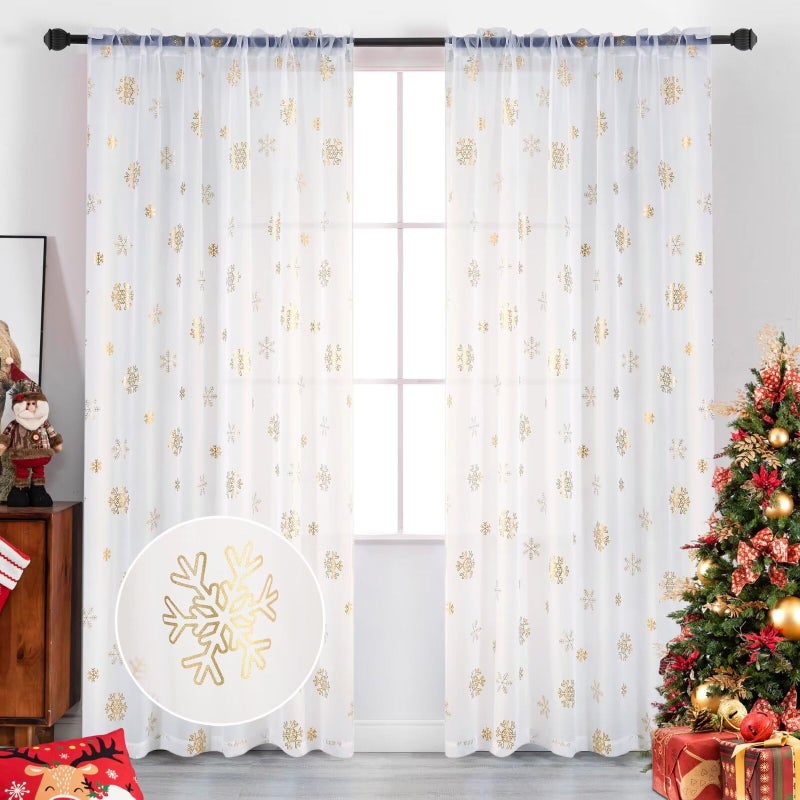 MikiUp Christmas Snowflakes Sheer Curtains Gold Foil Printed Semi Sheer Drapes Rod Pocket Xmas Decoration Window Treatment Panels for Bedroom Living Room White 52 x 84 inch