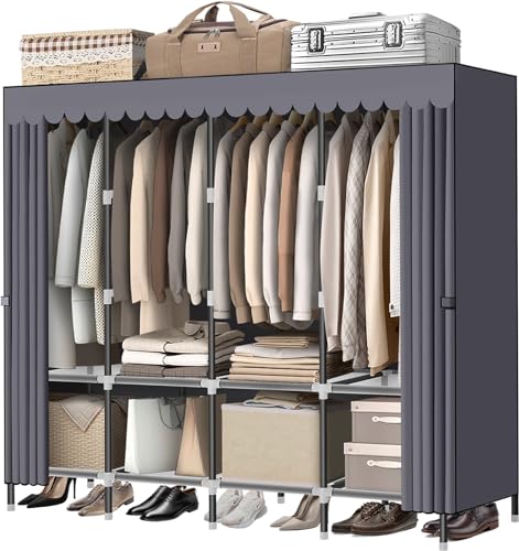 LOKEME خزانة ملابس LOKEME رمادية قابلة للنقل مع سحابات 654 بوصة 19 مم قطر خزانة ملابس قابلة للتعليق مع 4 قضبان وخزائن تخزين مساحة تخزين كبيرة وواسعة