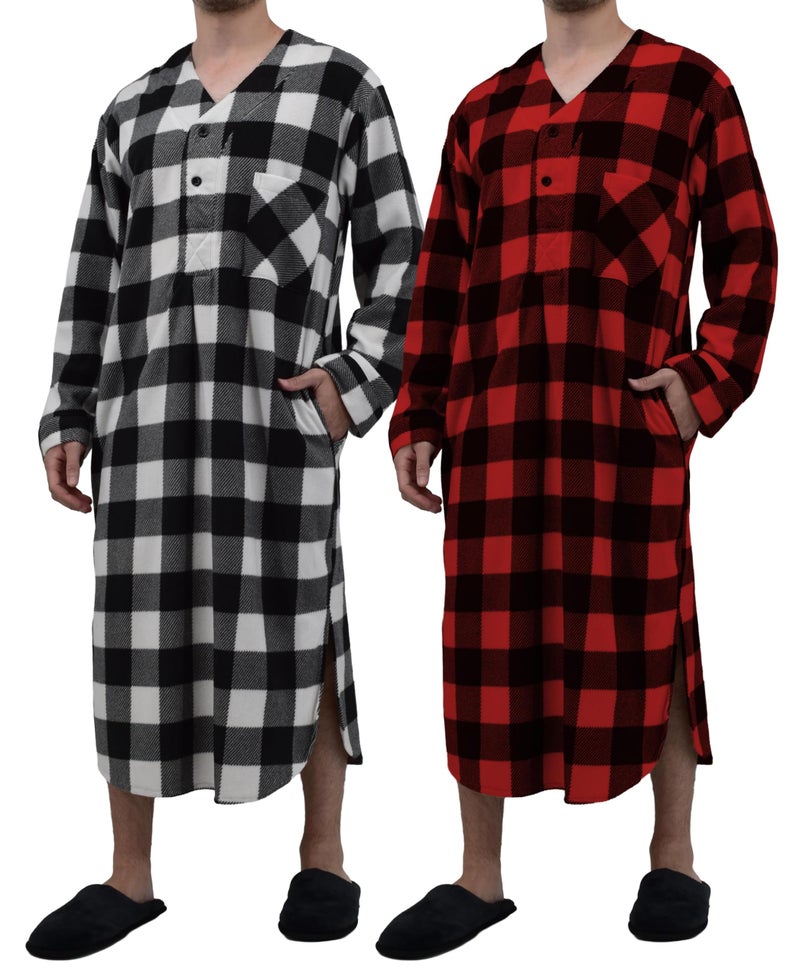 Andrew Scott Men's Plush Polar Fleece Long Nightshirt | Warm & Soft Henley Collar Sleep Lounge Shirt | Multi Packs - Image 1
