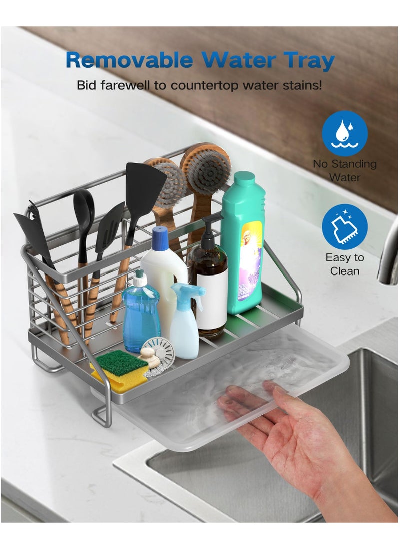Kitchen Sink Caddy Organizer, Stainless Steel with Two Baskets, Rustproof Non-Slip Sponge Holder with Removable Drain Tray for Sponge, Soap, Scrubber, Dishcloth, Dish Brush, Silver
