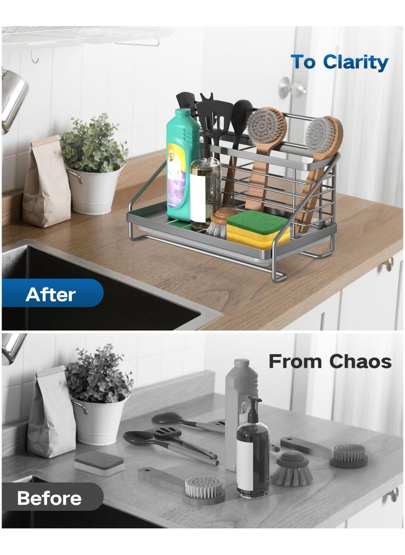 Kitchen Sink Caddy Organizer, Stainless Steel with Two Baskets, Rustproof Non-Slip Sponge Holder with Removable Drain Tray for Sponge, Soap, Scrubber, Dishcloth, Dish Brush, Silver