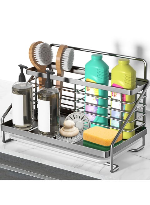 Kitchen Sink Caddy Organizer, Stainless Steel with Two Baskets, Rustproof Non-Slip Sponge Holder with Removable Drain Tray for Sponge, Soap, Scrubber, Dishcloth, Dish Brush, Silver
