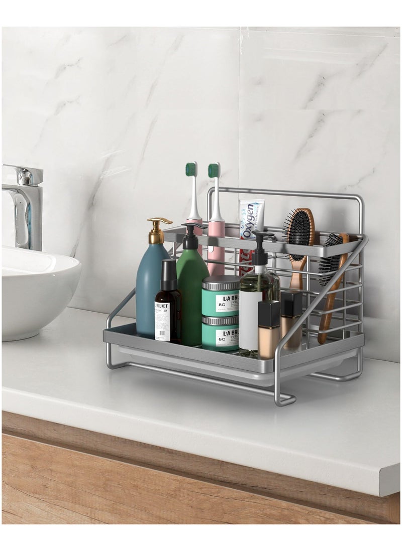 Kitchen Sink Caddy Organizer, Stainless Steel with Two Baskets, Rustproof Non-Slip Sponge Holder with Removable Drain Tray for Sponge, Soap, Scrubber, Dishcloth, Dish Brush, Silver