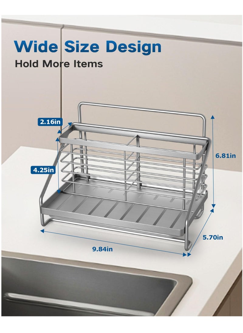 Kitchen Sink Caddy Organizer, Stainless Steel with Two Baskets, Rustproof Non-Slip Sponge Holder with Removable Drain Tray for Sponge, Soap, Scrubber, Dishcloth, Dish Brush, Silver