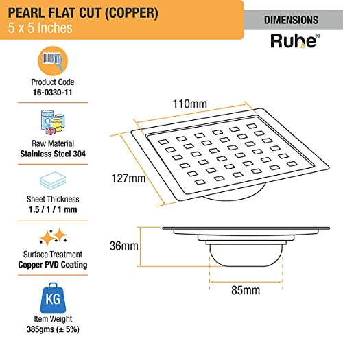 Ruhe® Diamond Flat Cut Floor Drain | Antique Copper PVD| 304 Stainless Steel Drain Channel | 5 x 5 Inches Waste Water Floor Drain | Drain Channel with Stainless Steel Trap - Image 5