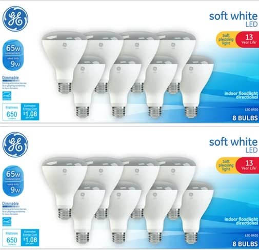 GE LED 9Watt 650 Lumens 65W Equivalent Soft White BR30 Indoor Floodlight Bulbs E26 Medium Base 13Year Life 16pk