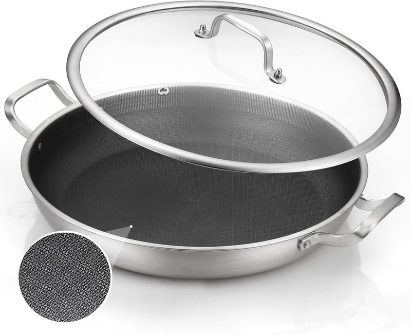 DELARLO Skillet With Lid,Tri-Ply Stainless Steel Pan,12 Inch Non Stick Paella Pan,Skillets And Frying Pans,Nonstick skillet Kitchen Oven Safe Skillet,Heavy Duty Style - Image 1