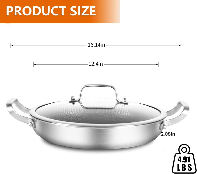 DELARLO Skillet With Lid,Tri-Ply Stainless Steel Pan,12 Inch Non Stick Paella Pan,Skillets And Frying Pans,Nonstick skillet Kitchen Oven Safe Skillet,Heavy Duty Style - Image 3