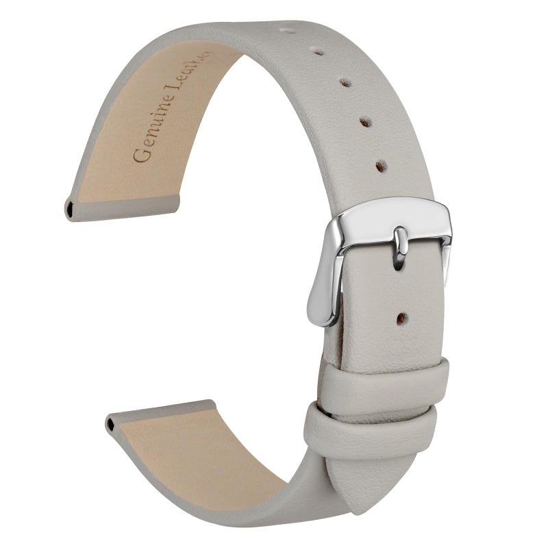 WOCCI 14mm Lug Width, Elegant Watch Band, Genuine Leather Replacement Strap with Silver Buckle (Gray) - Image 1