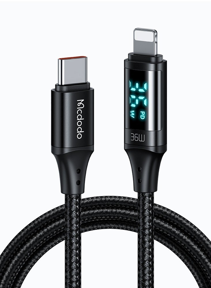 Mcdodo Digital HD Type-C to Lightning Cable CA-103 1.2m, 36W 3A PD Fast Charging, Real-Time Digital Power Monitor, Robust Aluminum Alloy and Nylon Braided Design, USB 2.0 Data Transfer, Stable and Secure Performance - Black - Image 1