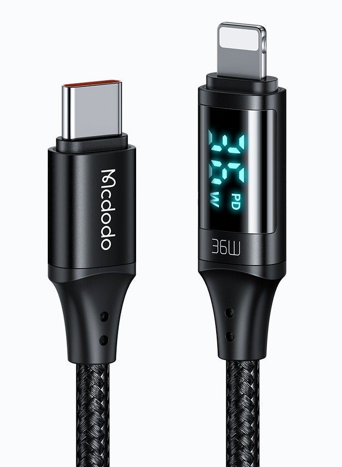 Mcdodo Digital HD Type-C to Lightning Cable CA-103 1.2m, 36W 3A PD Fast Charging, Real-Time Digital Power Monitor, Robust Aluminum Alloy and Nylon Braided Design, USB 2.0 Data Transfer, Stable and Secure Performance - Black - Image 2