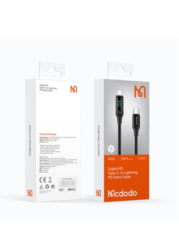 Mcdodo Digital HD Type-C to Lightning Cable CA-103 1.2m, 36W 3A PD Fast Charging, Real-Time Digital Power Monitor, Robust Aluminum Alloy and Nylon Braided Design, USB 2.0 Data Transfer, Stable and Secure Performance - Black - Image 5
