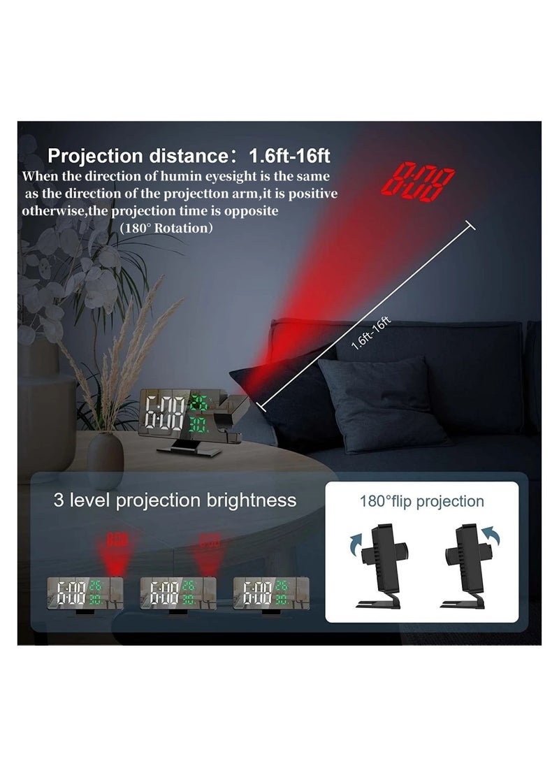 180° Rotation Projection Digital Alarm Clock Temperature Humidity Night Mode Snooze Table Clock 12/24H USB Projector LED Clock