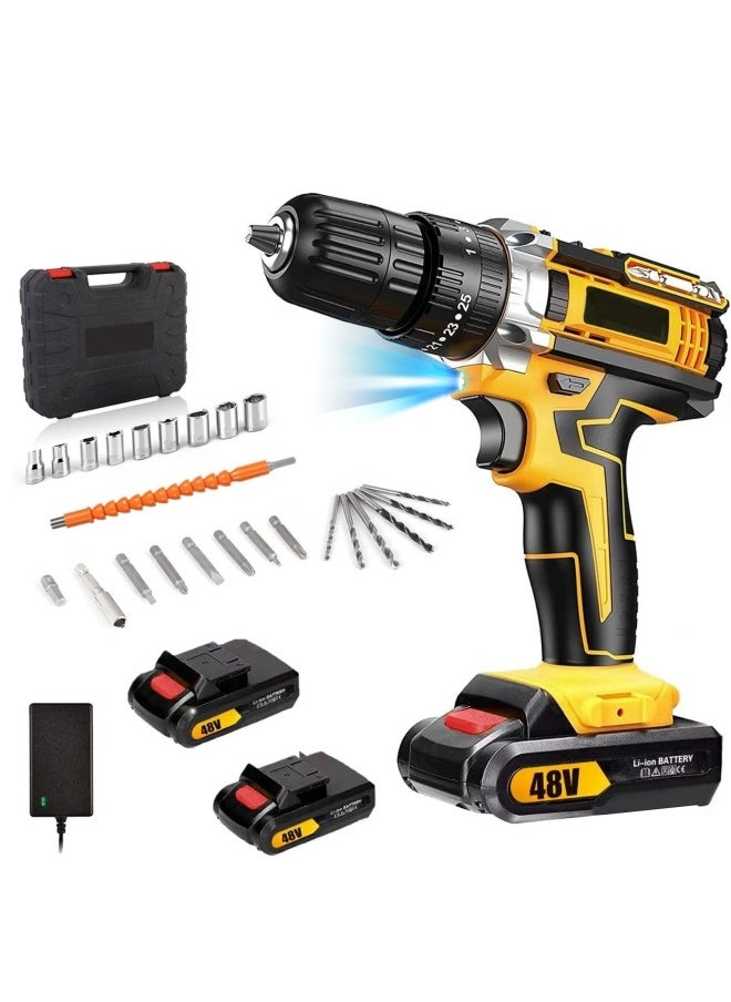 ALongDeng 48V Cordless Drill Set Power Drill Kit with 2 Pcs Battery 25 Position 2 Variable Speed 3/8'' Keyless Chuck Fast Charger and 24 Pcs Accessories with Case  - Image 1