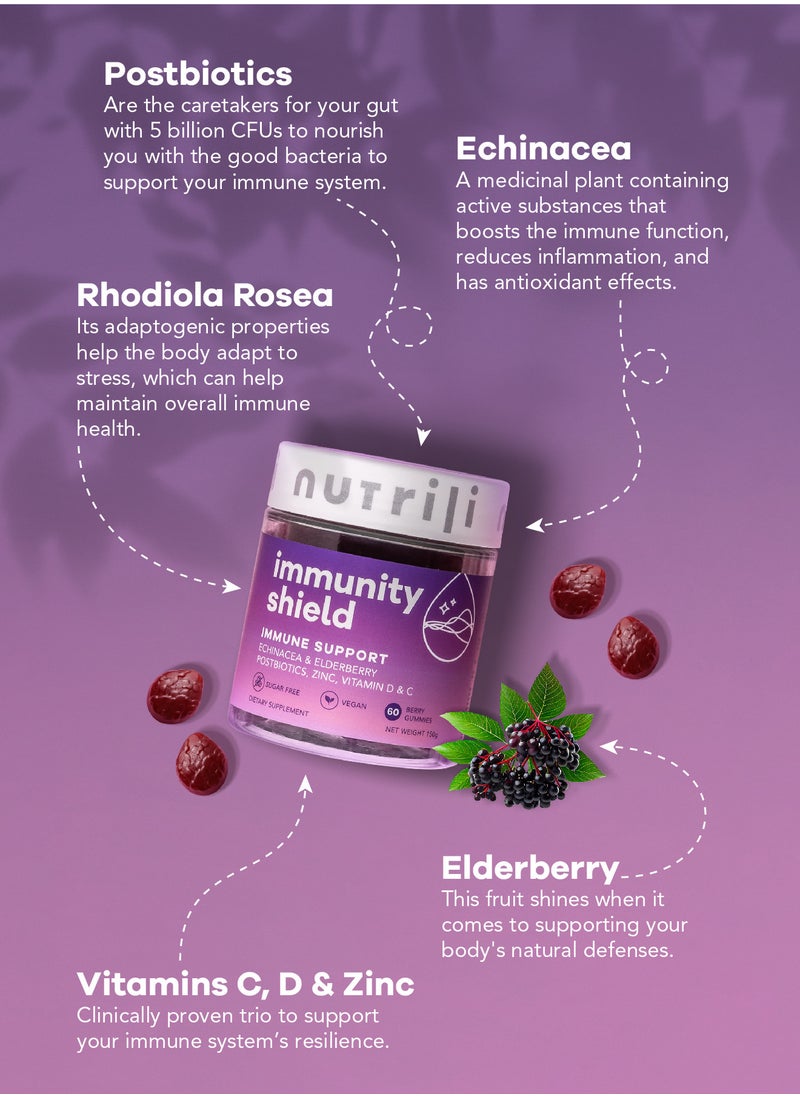 nutrili Immunity Shield Sugar Free Probiotics Gummies 150g, Immune Support, Zinc, Vitamin D3, Vitamin C, Postbiotics, Elderberry, Echinacea And Rhodiola - 60 Gummies  - Image 3