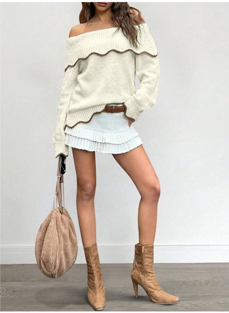 SHEIN Women's Fashionable Elegant Vintage Contrast Color Off-Shoulder Long Sleeve Knit Sweater Top, Spring/Autumn - Image 5