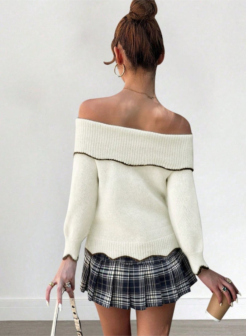 SHEIN Women's Fashionable Elegant Vintage Contrast Color Off-Shoulder Long Sleeve Knit Sweater Top, Spring/Autumn - Image 2