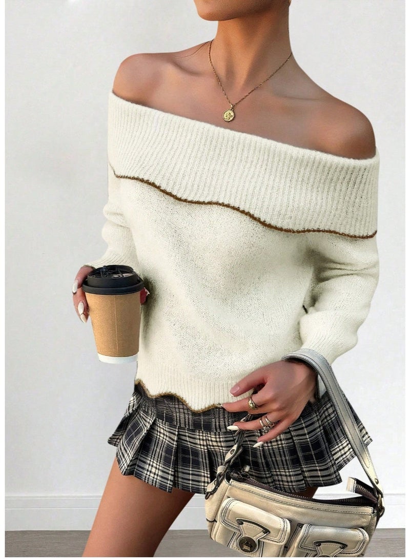 SHEIN Women's Fashionable Elegant Vintage Contrast Color Off-Shoulder Long Sleeve Knit Sweater Top, Spring/Autumn - Image 4