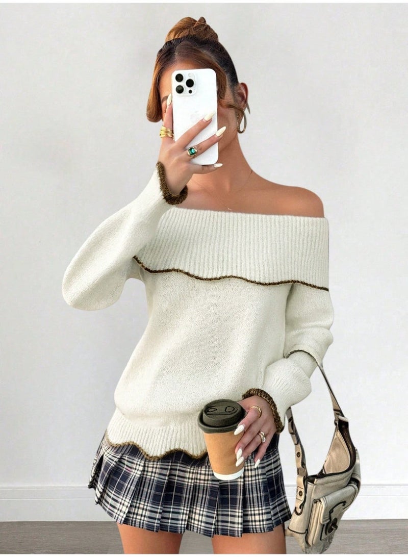 SHEIN Women's Fashionable Elegant Vintage Contrast Color Off-Shoulder Long Sleeve Knit Sweater Top, Spring/Autumn - Image 3