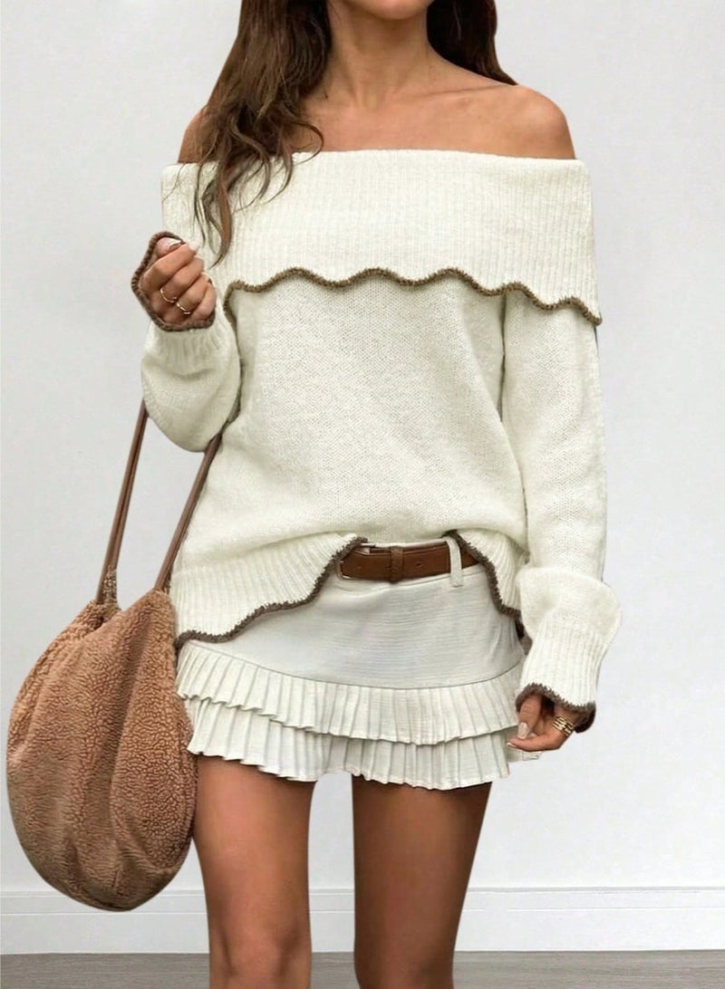 SHEIN Women's Fashionable Elegant Vintage Contrast Color Off-Shoulder Long Sleeve Knit Sweater Top, Spring/Autumn - Image 1