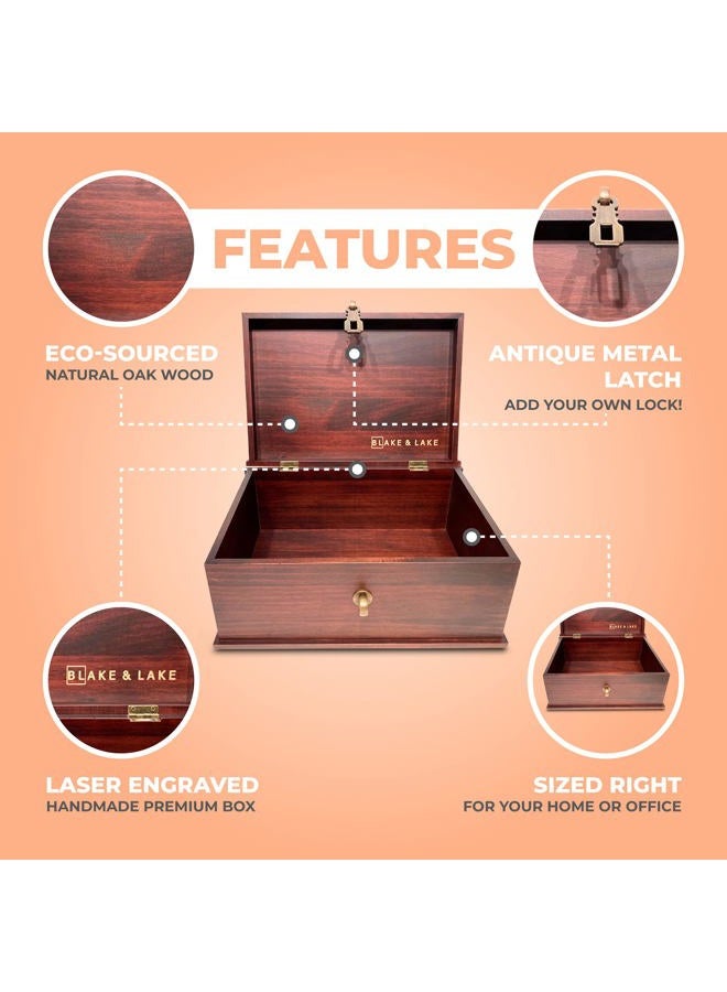 Blake & Lake Antique Style Wood Storage Box - Decorative box for Home or Office - Wooden Box with Hinged Lid Keepsake Box with Metal Latch - Image 2