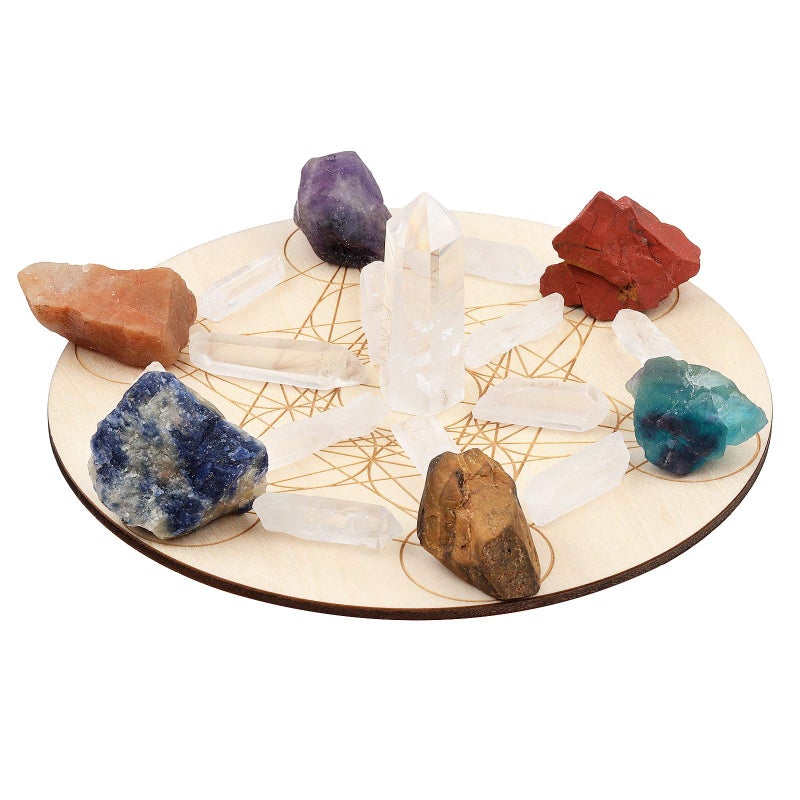 Amogeeli Metatrons Cube Sacred Geometry Wooden Crystal Grid Set with Chakra Stone Wicca Yoga Meditation Decor