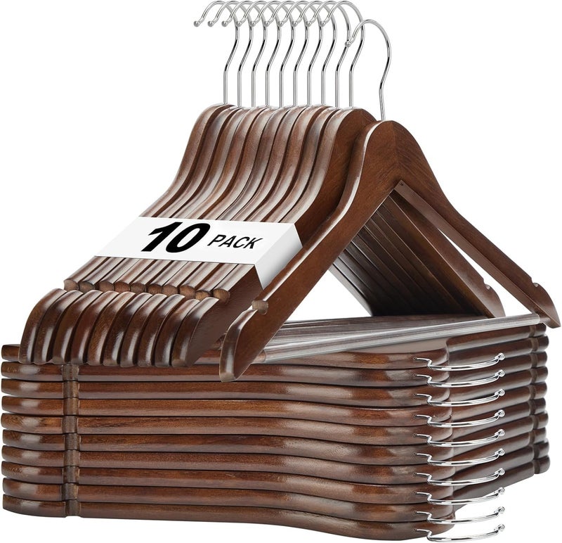 VERAT Hangers for Clothes in Wardrobe/Wooden Hanger for Wardrobe/Wooden Suit Clothes Hangers/Wooden Hangers Clothes/Clothes/Coats/Jackets/Pants/Shirts/360 Degree Swivel Hook/Dress(Pack of 10-D-B) - Image 1