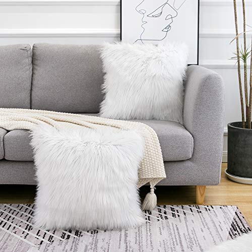 WLNUI Set of 2 White Christmas Decorative Fluffy Pillow Covers New Luxury Series Merino Style Faux Fur Throw Pillow Covers Square Fuzzy Cushion Case for Sofa Bedroom Living Room Home Decor 18x18 Inch - Image 2