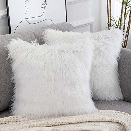 WLNUI Set of 2 White Christmas Decorative Fluffy Pillow Covers New Luxury Series Merino Style Faux Fur Throw Pillow Covers Square Fuzzy Cushion Case for Sofa Bedroom Living Room Home Decor 18x18 Inch - Image 1