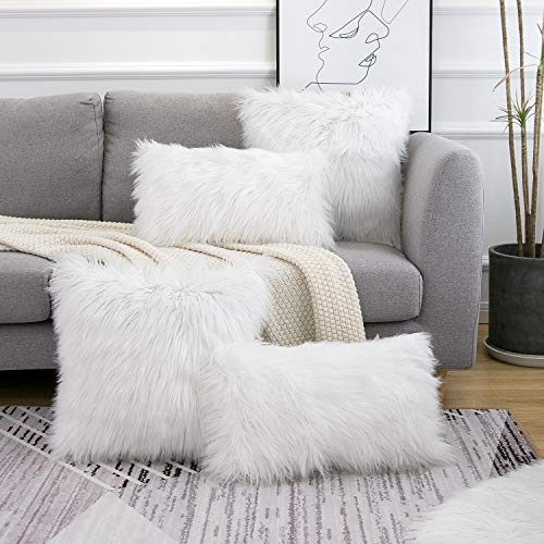 WLNUI Set of 2 White Christmas Decorative Fluffy Pillow Covers New Luxury Series Merino Style Faux Fur Throw Pillow Covers Square Fuzzy Cushion Case for Sofa Bedroom Living Room Home Decor 18x18 Inch - Image 5