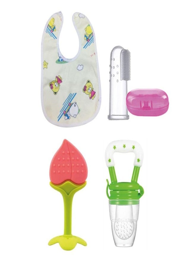 ROFORUF 4-in-1 Baby Feeding & Teething Combo | Fruit Shape Silicone Teether, Food Feeder Pacifier, Finger Toothbrush with Case & Waterproof Bib | BPA-Free Infant Oral Care Set (Pack of 4) (Green) - Image 1